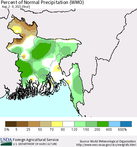 Bangladesh Percent of Normal Precipitation (WMO) Thematic Map For 8/2/2021 - 8/8/2021