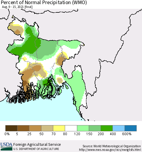 Bangladesh Percent of Normal Precipitation (WMO) Thematic Map For 8/9/2021 - 8/15/2021