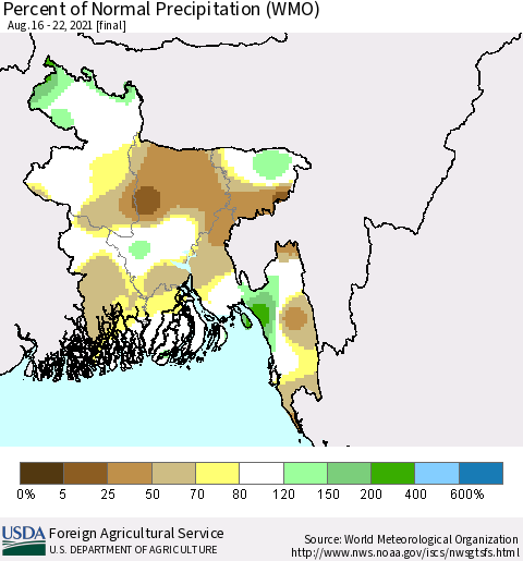 Bangladesh Percent of Normal Precipitation (WMO) Thematic Map For 8/16/2021 - 8/22/2021
