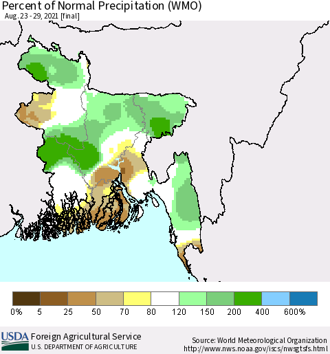 Bangladesh Percent of Normal Precipitation (WMO) Thematic Map For 8/23/2021 - 8/29/2021