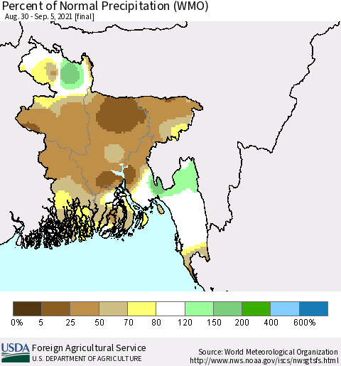 Bangladesh Percent of Normal Precipitation (WMO) Thematic Map For 8/30/2021 - 9/5/2021