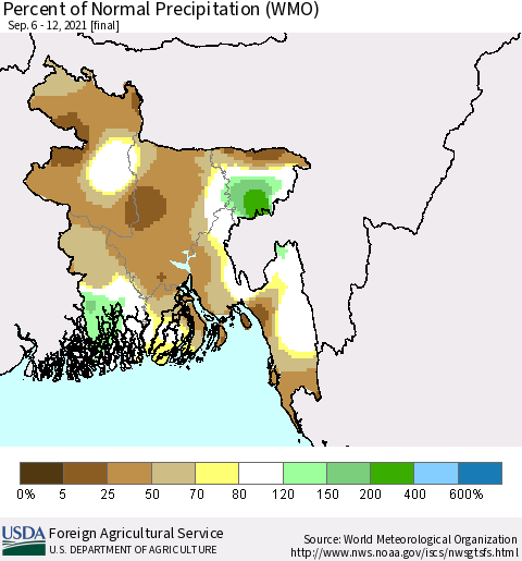 Bangladesh Percent of Normal Precipitation (WMO) Thematic Map For 9/6/2021 - 9/12/2021