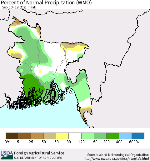 Bangladesh Percent of Normal Precipitation (WMO) Thematic Map For 9/13/2021 - 9/19/2021