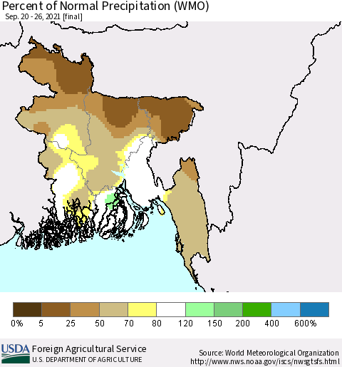 Bangladesh Percent of Normal Precipitation (WMO) Thematic Map For 9/20/2021 - 9/26/2021