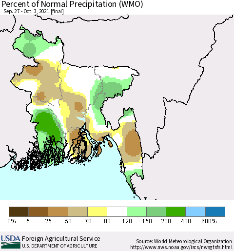 Bangladesh Percent of Normal Precipitation (WMO) Thematic Map For 9/27/2021 - 10/3/2021