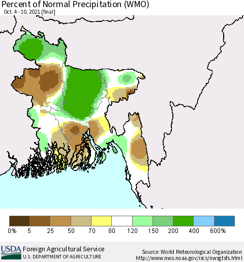 Bangladesh Percent of Normal Precipitation (WMO) Thematic Map For 10/4/2021 - 10/10/2021