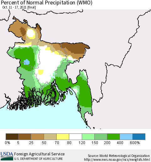 Bangladesh Percent of Normal Precipitation (WMO) Thematic Map For 10/11/2021 - 10/17/2021