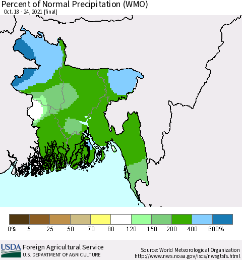 Bangladesh Percent of Normal Precipitation (WMO) Thematic Map For 10/18/2021 - 10/24/2021