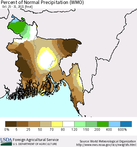 Bangladesh Percent of Normal Precipitation (WMO) Thematic Map For 10/25/2021 - 10/31/2021