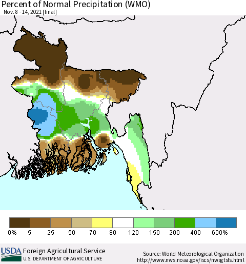 Bangladesh Percent of Normal Precipitation (WMO) Thematic Map For 11/8/2021 - 11/14/2021