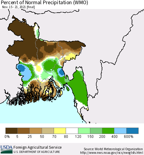 Bangladesh Percent of Normal Precipitation (WMO) Thematic Map For 11/15/2021 - 11/21/2021