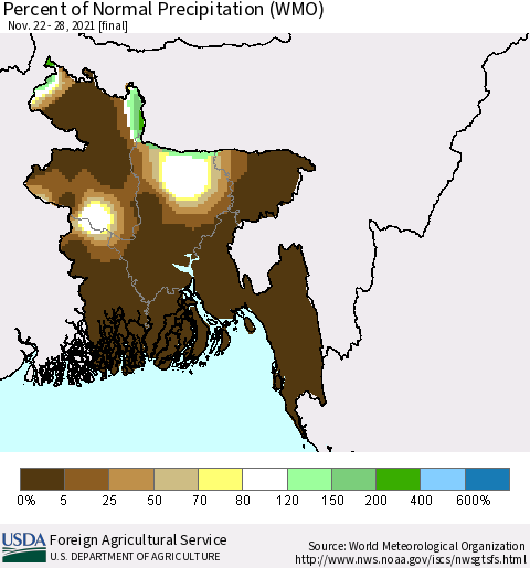 Bangladesh Percent of Normal Precipitation (WMO) Thematic Map For 11/22/2021 - 11/28/2021