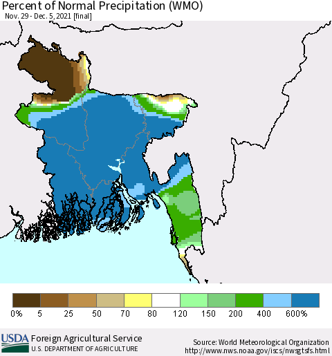 Bangladesh Percent of Normal Precipitation (WMO) Thematic Map For 11/29/2021 - 12/5/2021