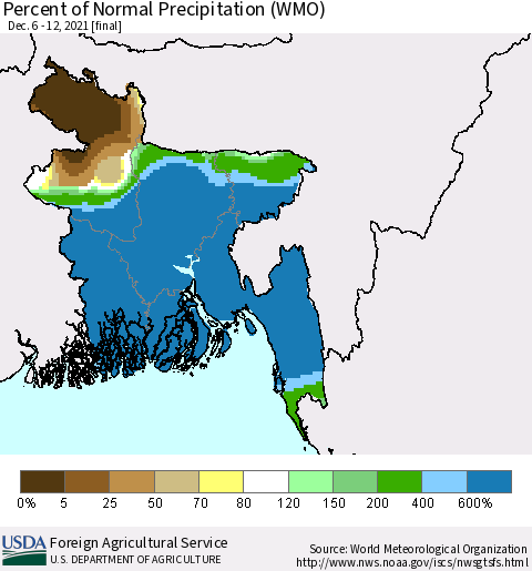 Bangladesh Percent of Normal Precipitation (WMO) Thematic Map For 12/6/2021 - 12/12/2021