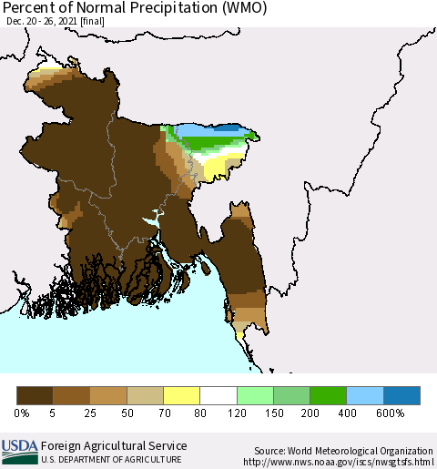 Bangladesh Percent of Normal Precipitation (WMO) Thematic Map For 12/20/2021 - 12/26/2021