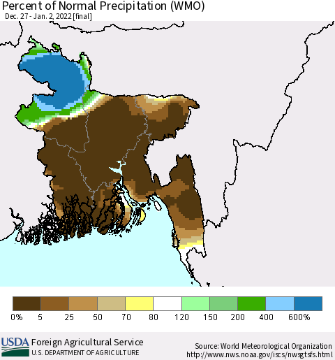 Bangladesh Percent of Normal Precipitation (WMO) Thematic Map For 12/27/2021 - 1/2/2022