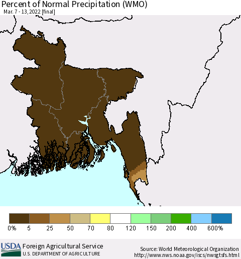 Bangladesh Percent of Normal Precipitation (WMO) Thematic Map For 3/7/2022 - 3/13/2022