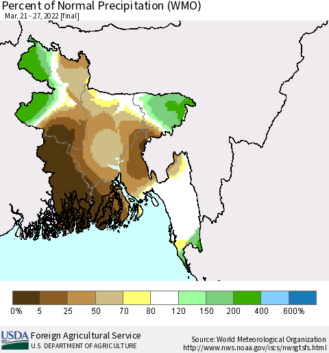 Bangladesh Percent of Normal Precipitation (WMO) Thematic Map For 3/21/2022 - 3/27/2022