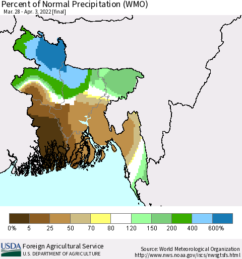 Bangladesh Percent of Normal Precipitation (WMO) Thematic Map For 3/28/2022 - 4/3/2022