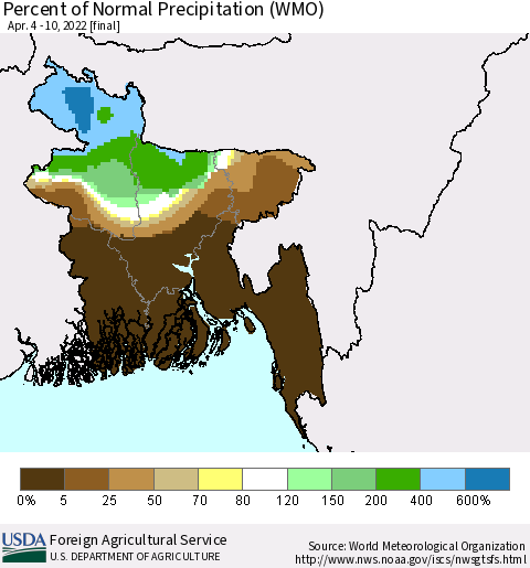 Bangladesh Percent of Normal Precipitation (WMO) Thematic Map For 4/4/2022 - 4/10/2022