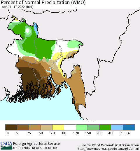 Bangladesh Percent of Normal Precipitation (WMO) Thematic Map For 4/11/2022 - 4/17/2022
