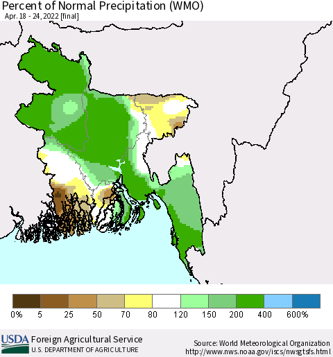 Bangladesh Percent of Normal Precipitation (WMO) Thematic Map For 4/18/2022 - 4/24/2022