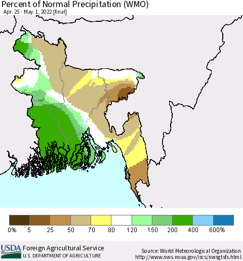 Bangladesh Percent of Normal Precipitation (WMO) Thematic Map For 4/25/2022 - 5/1/2022