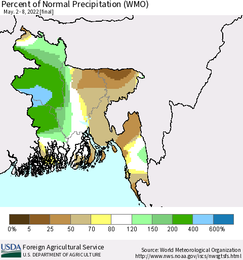 Bangladesh Percent of Normal Precipitation (WMO) Thematic Map For 5/2/2022 - 5/8/2022
