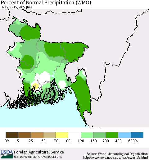 Bangladesh Percent of Normal Precipitation (WMO) Thematic Map For 5/9/2022 - 5/15/2022