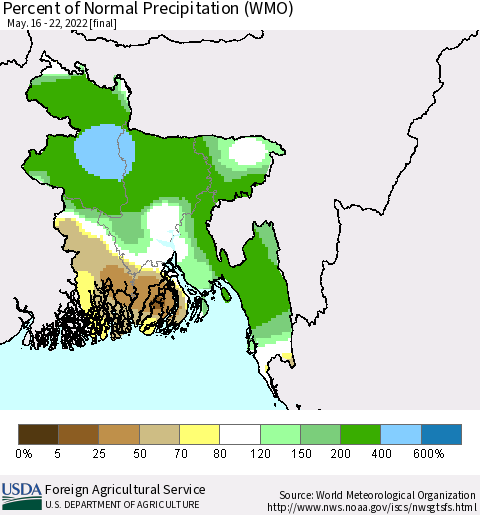 Bangladesh Percent of Normal Precipitation (WMO) Thematic Map For 5/16/2022 - 5/22/2022
