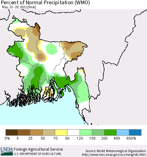 Bangladesh Percent of Normal Precipitation (WMO) Thematic Map For 5/23/2022 - 5/29/2022