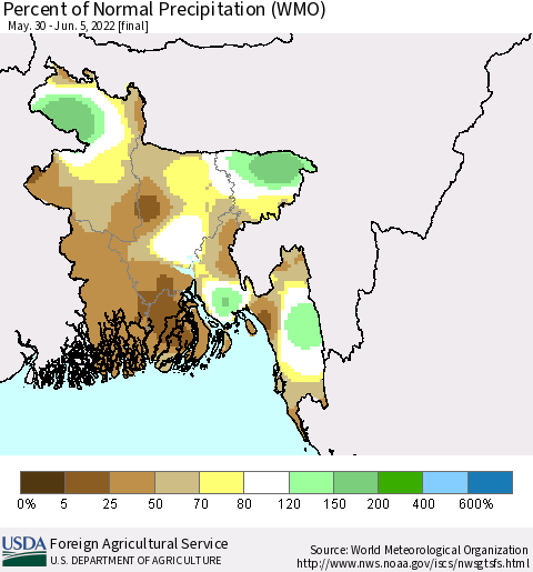 Bangladesh Percent of Normal Precipitation (WMO) Thematic Map For 5/30/2022 - 6/5/2022