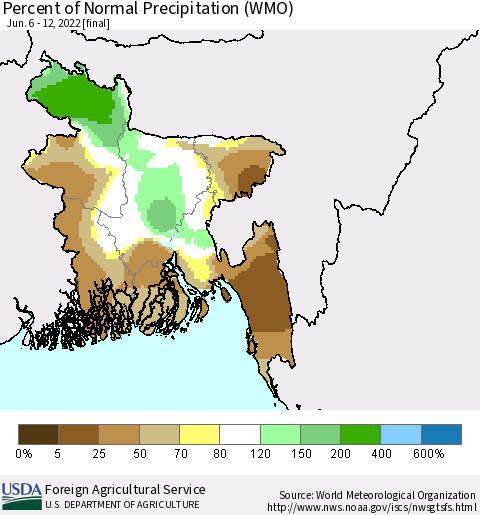 Bangladesh Percent of Normal Precipitation (WMO) Thematic Map For 6/6/2022 - 6/12/2022