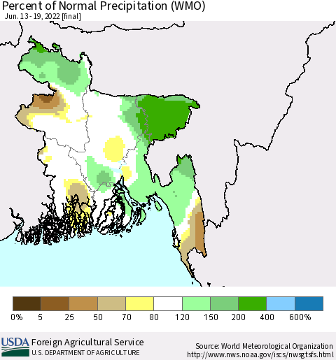 Bangladesh Percent of Normal Precipitation (WMO) Thematic Map For 6/13/2022 - 6/19/2022