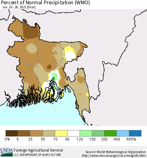 Bangladesh Percent of Normal Precipitation (WMO) Thematic Map For 6/20/2022 - 6/26/2022
