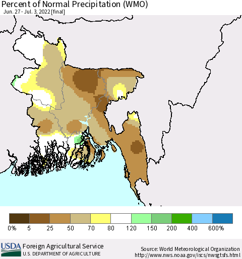 Bangladesh Percent of Normal Precipitation (WMO) Thematic Map For 6/27/2022 - 7/3/2022