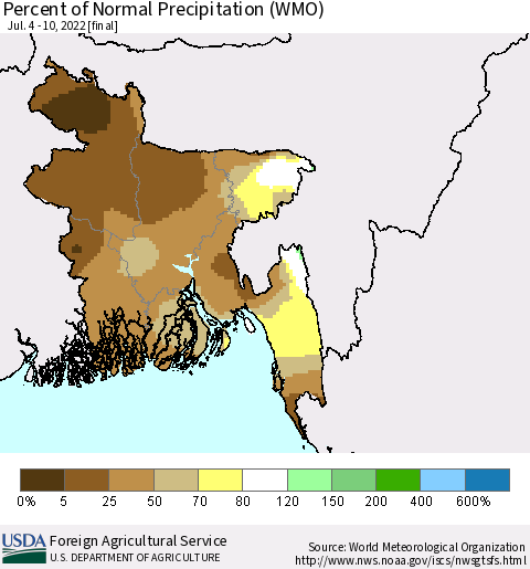 Bangladesh Percent of Normal Precipitation (WMO) Thematic Map For 7/4/2022 - 7/10/2022