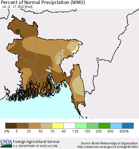 Bangladesh Percent of Normal Precipitation (WMO) Thematic Map For 7/11/2022 - 7/17/2022