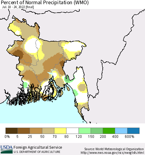 Bangladesh Percent of Normal Precipitation (WMO) Thematic Map For 7/18/2022 - 7/24/2022