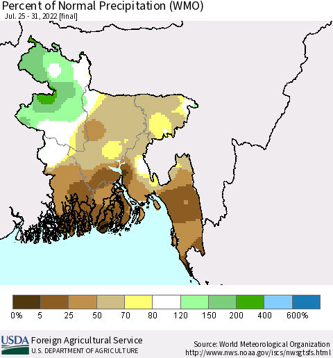 Bangladesh Percent of Normal Precipitation (WMO) Thematic Map For 7/25/2022 - 7/31/2022