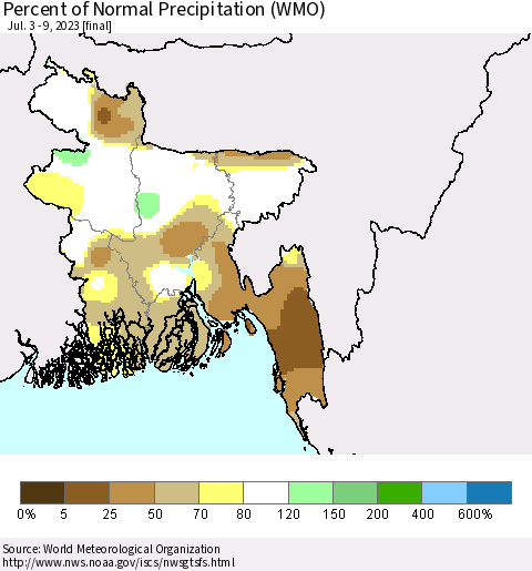Bangladesh Percent of Normal Precipitation (WMO) Thematic Map For 7/3/2023 - 7/9/2023