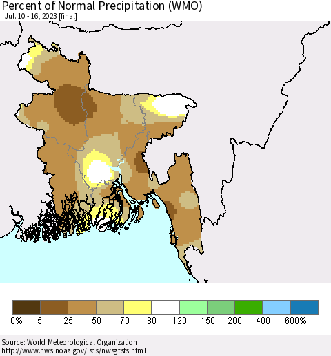 Bangladesh Percent of Normal Precipitation (WMO) Thematic Map For 7/10/2023 - 7/16/2023