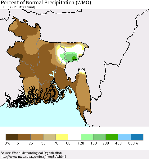 Bangladesh Percent of Normal Precipitation (WMO) Thematic Map For 7/17/2023 - 7/23/2023
