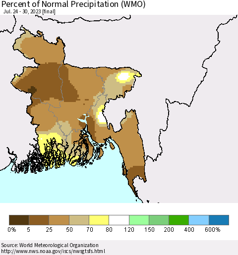Bangladesh Percent of Normal Precipitation (WMO) Thematic Map For 7/24/2023 - 7/30/2023