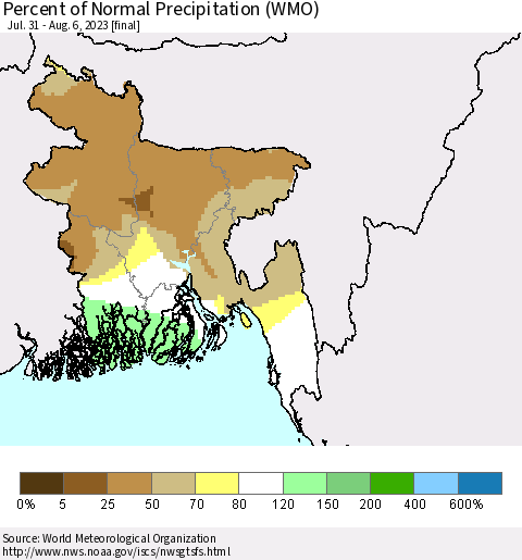 Bangladesh Percent of Normal Precipitation (WMO) Thematic Map For 7/31/2023 - 8/6/2023
