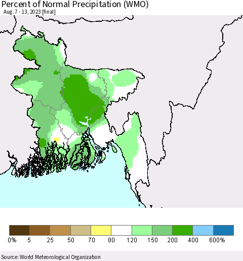 Bangladesh Percent of Normal Precipitation (WMO) Thematic Map For 8/7/2023 - 8/13/2023