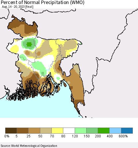 Bangladesh Percent of Normal Precipitation (WMO) Thematic Map For 8/14/2023 - 8/20/2023