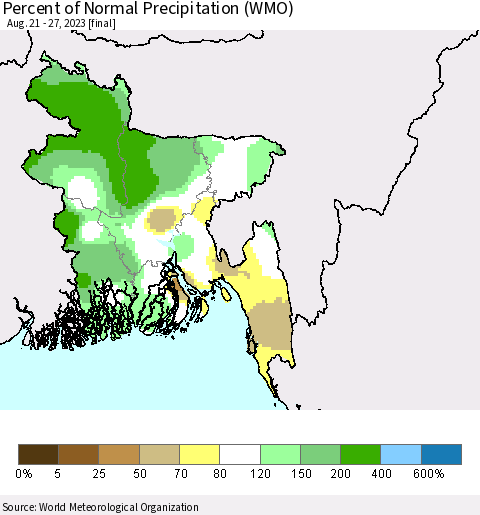 Bangladesh Percent of Normal Precipitation (WMO) Thematic Map For 8/21/2023 - 8/27/2023