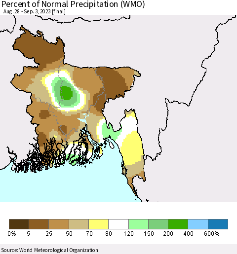 Bangladesh Percent of Normal Precipitation (WMO) Thematic Map For 8/28/2023 - 9/3/2023