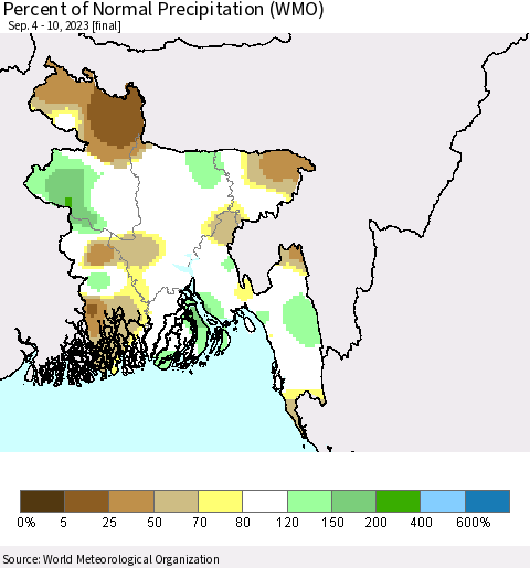 Bangladesh Percent of Normal Precipitation (WMO) Thematic Map For 9/4/2023 - 9/10/2023